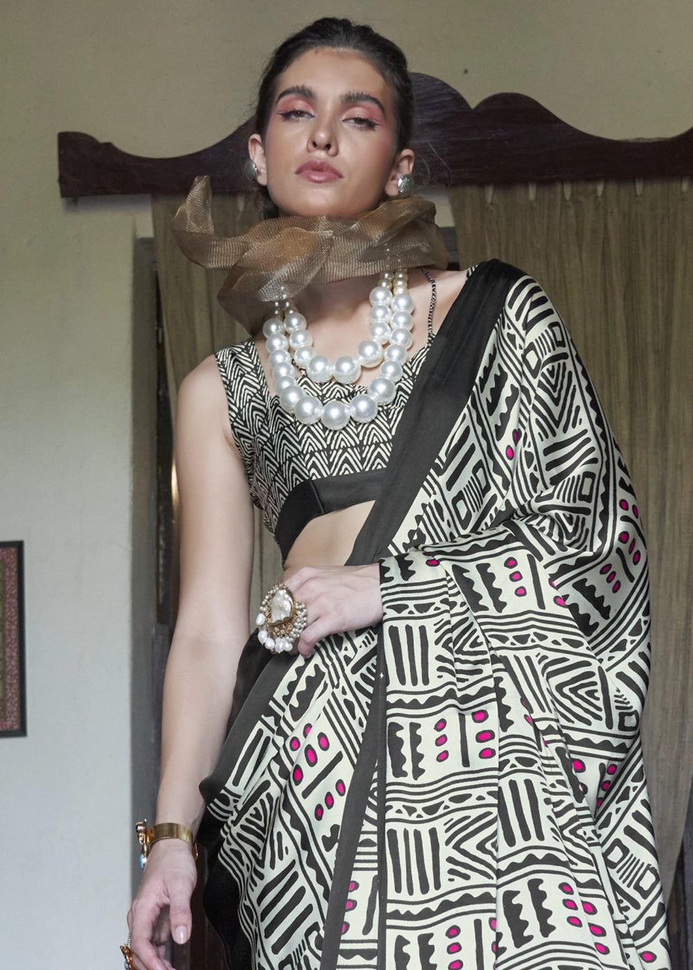 White & Black Satin Saree with Designer Abstract Print