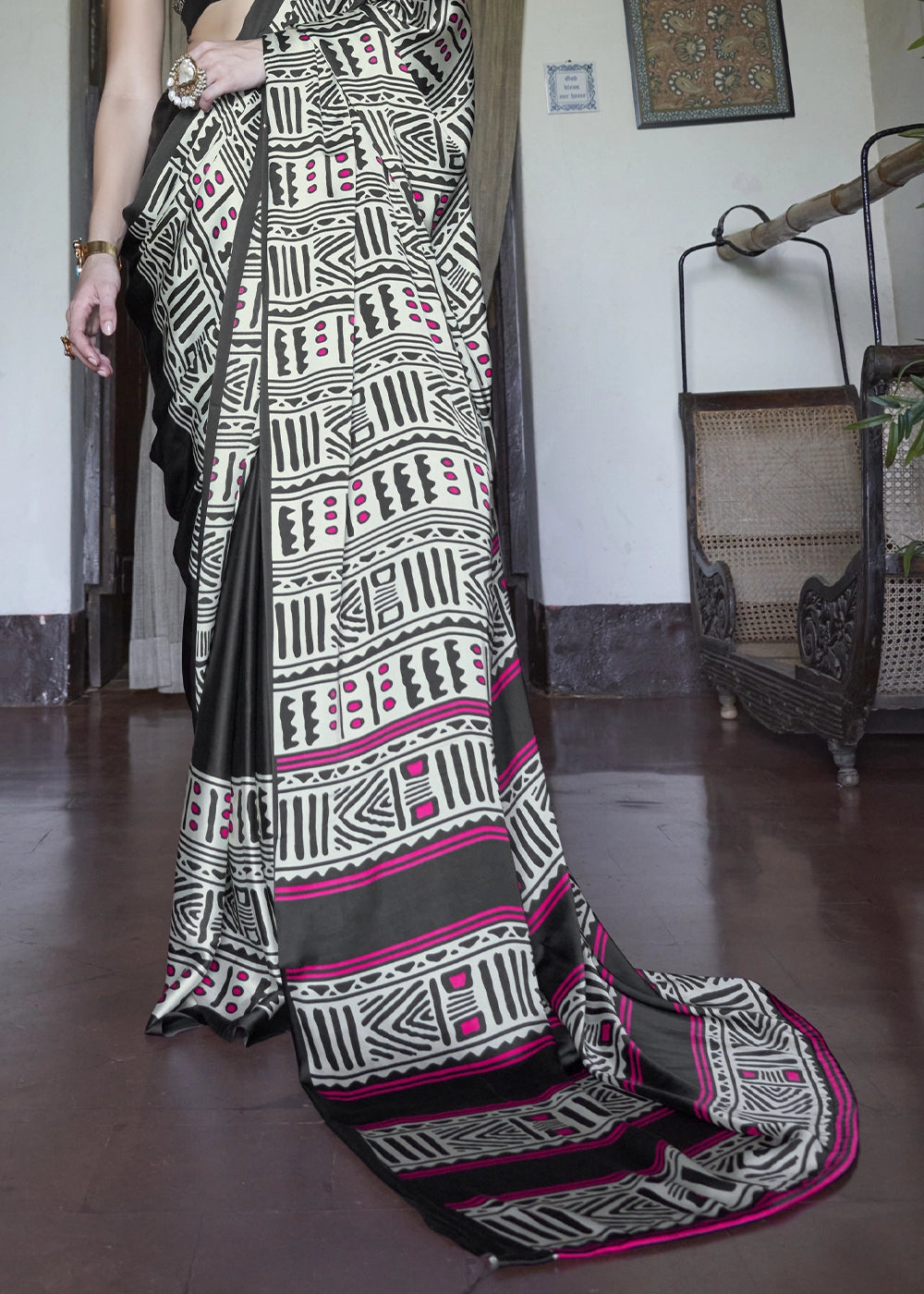 White & Black Satin Saree with Designer Abstract Print