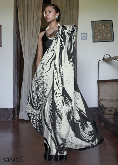 Parchment White Satin Saree with Designer Abstract Print