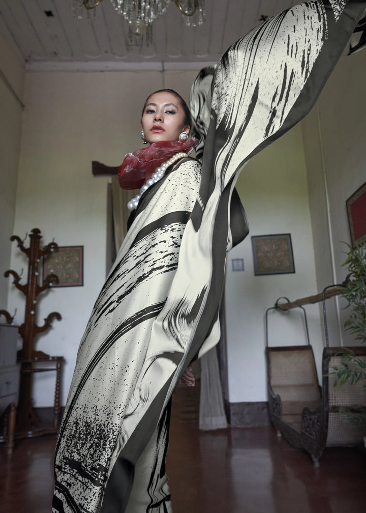Parchment White Satin Saree with Designer Abstract Print