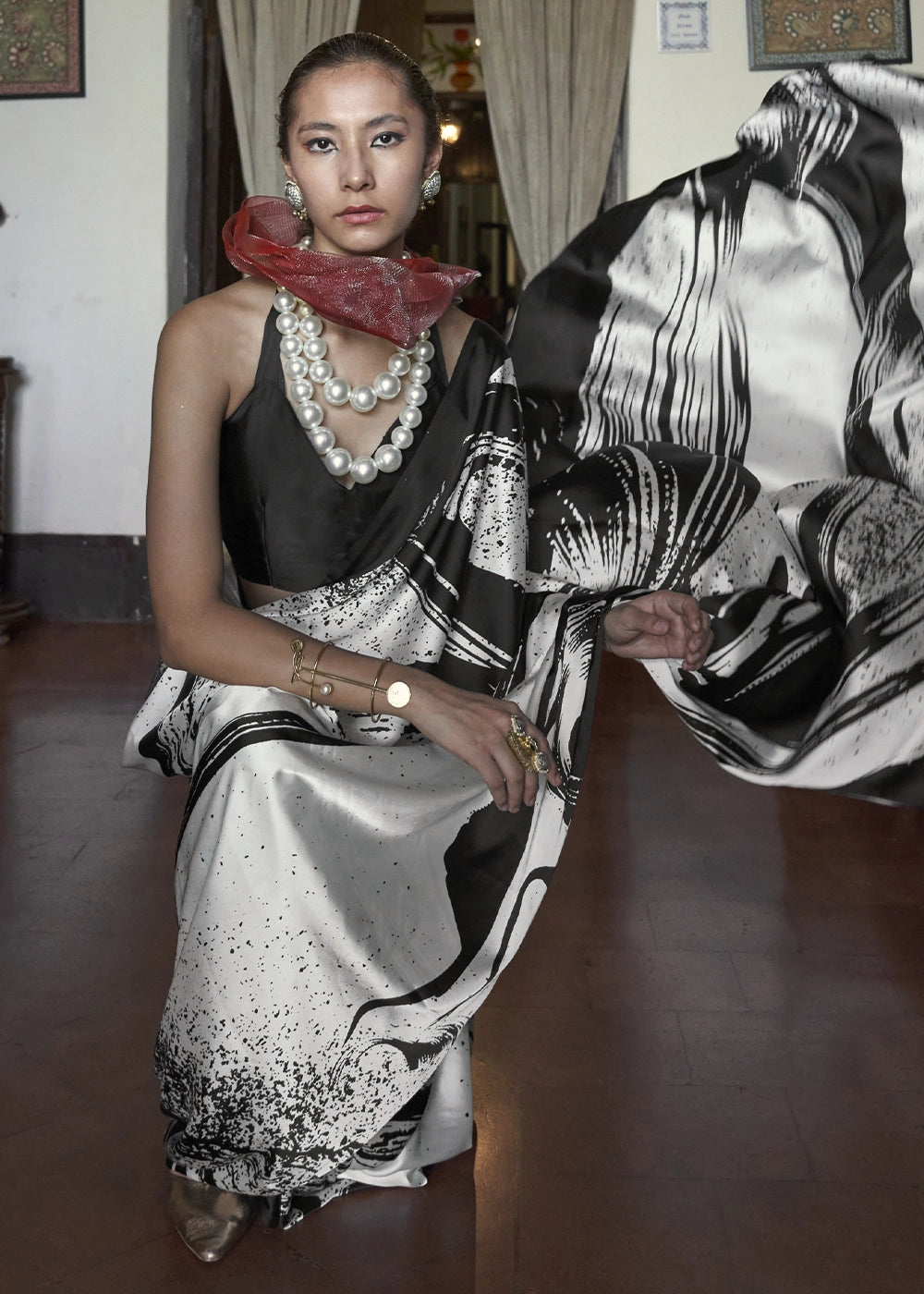 Parchment White Satin Saree with Designer Abstract Print