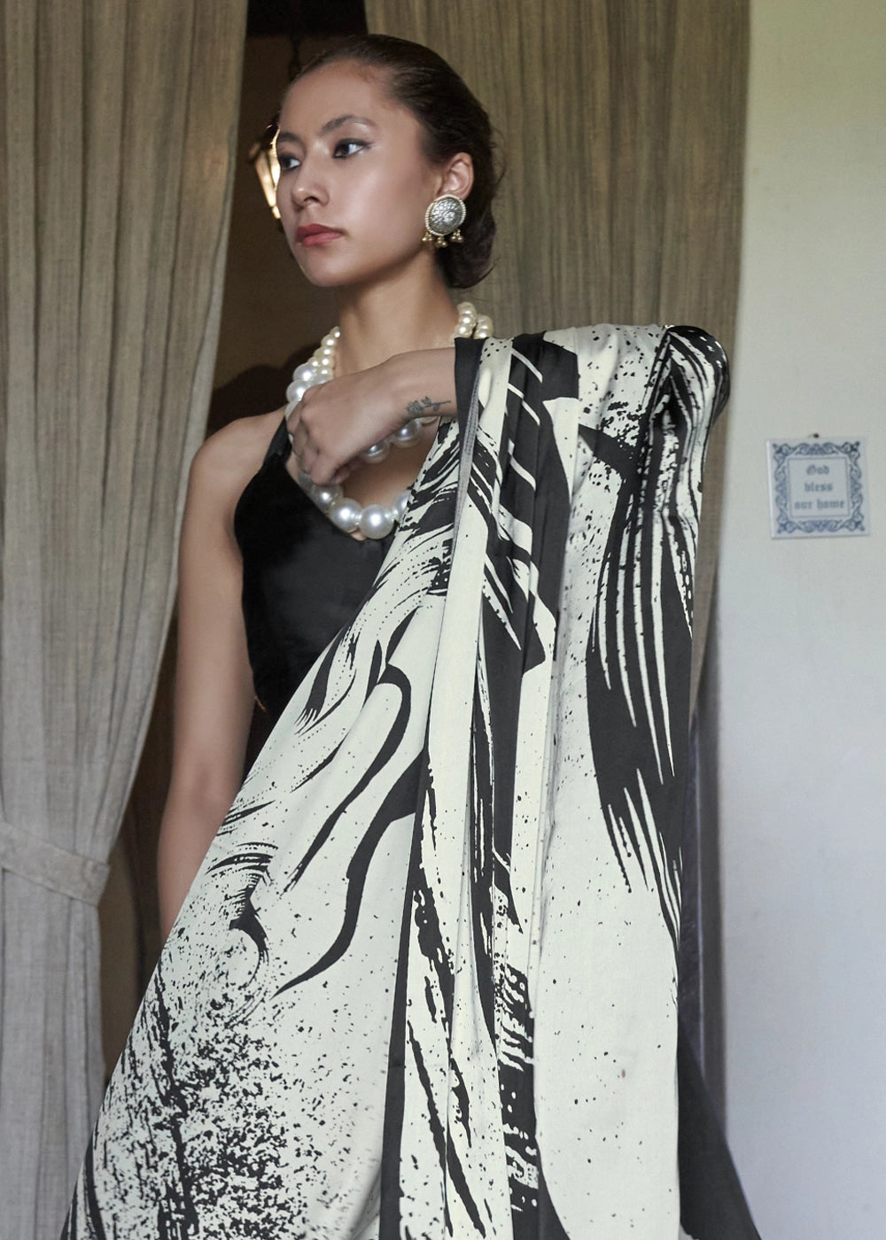 Parchment White Satin Saree with Designer Abstract Print