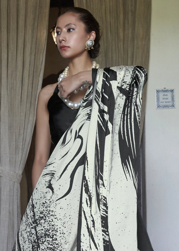 Parchment White Satin Saree with Designer Abstract Print