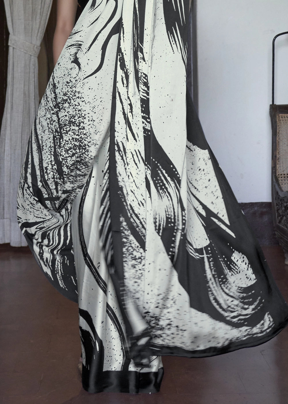 Parchment White Satin Saree with Designer Abstract Print