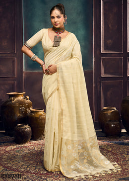 Pearl White Munga Cotton Saree with Heritage Handloom Weave