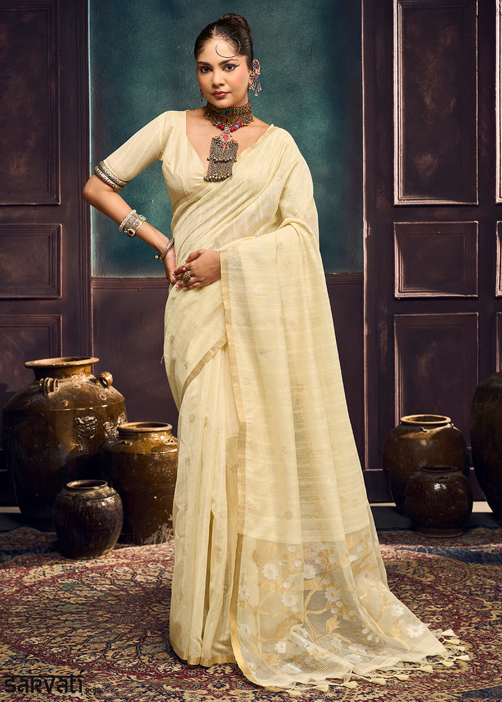 Pearl White Munga Cotton Saree with Heritage Handloom Weave