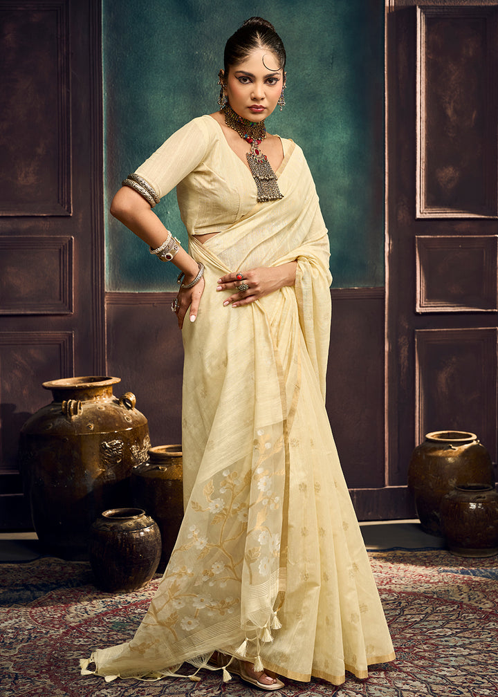 Pearl White Munga Cotton Saree with Heritage Handloom Weave