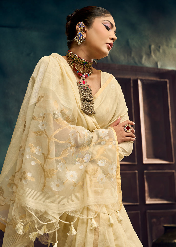 Pearl White Munga Cotton Saree with Heritage Handloom Weave