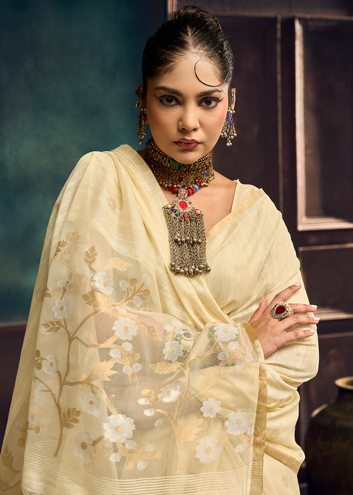Pearl White Munga Cotton Saree with Heritage Handloom Weave