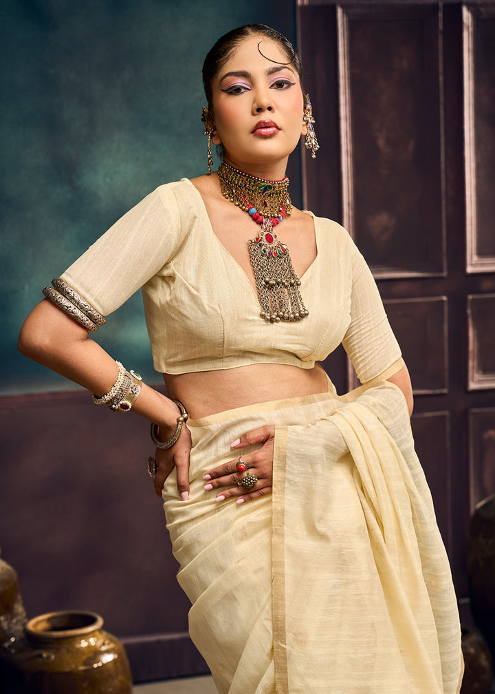 Pearl White Munga Cotton Saree with Heritage Handloom Weave