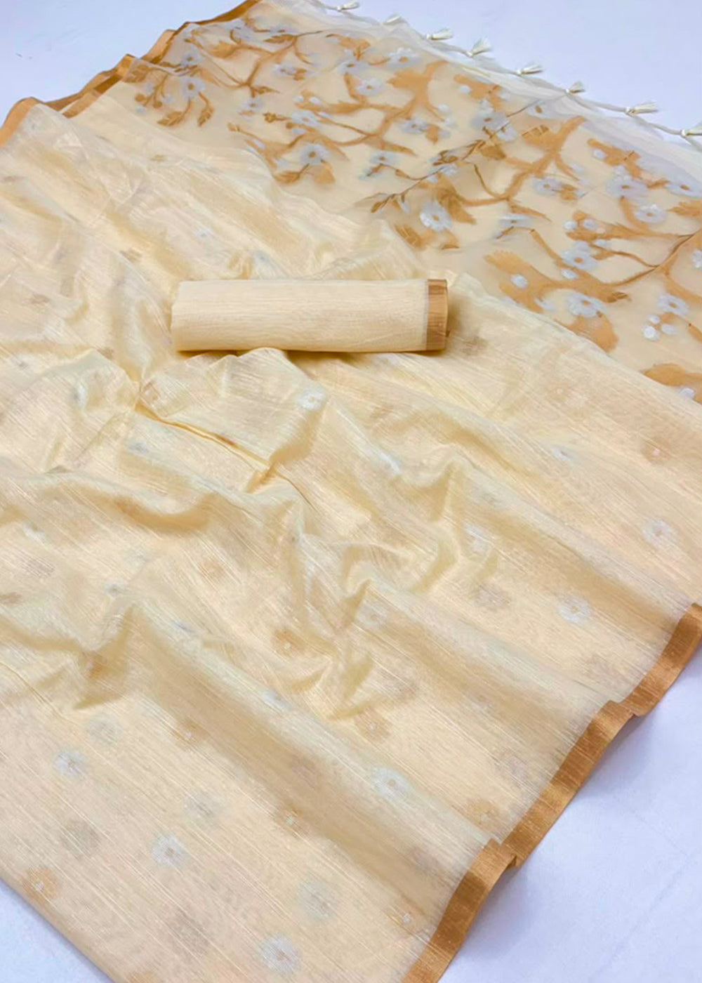 Pearl White Munga Cotton Saree with Heritage Handloom Weave