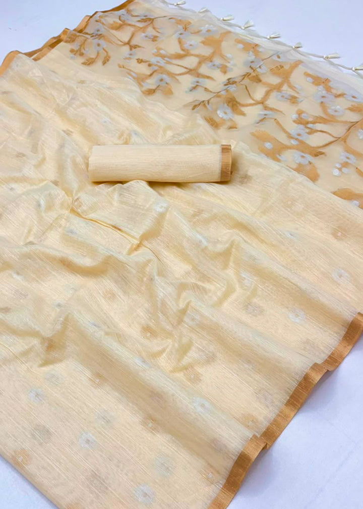 Pearl White Munga Cotton Saree with Heritage Handloom Weave