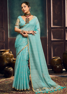 Aqua Blue Munga Cotton Saree with Heritage Handloom Weave