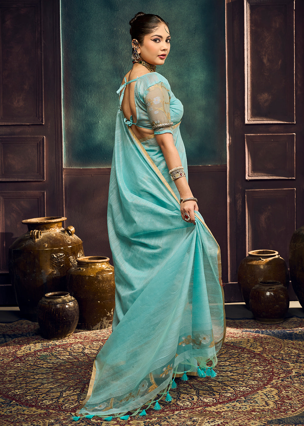Aqua Blue Munga Cotton Saree with Heritage Handloom Weave