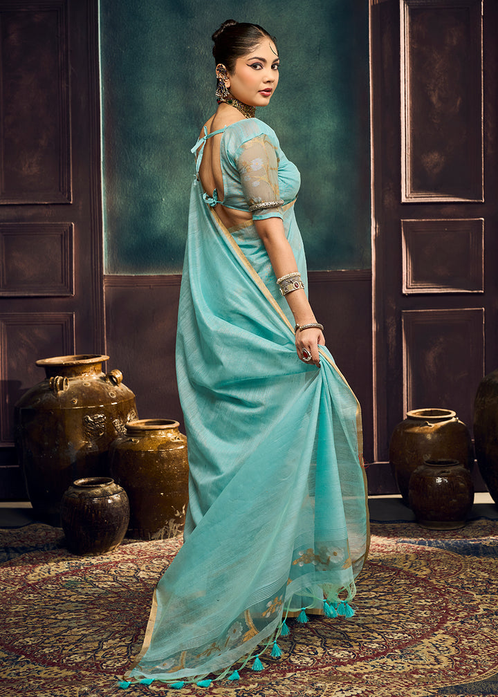Aqua Blue Munga Cotton Saree with Heritage Handloom Weave