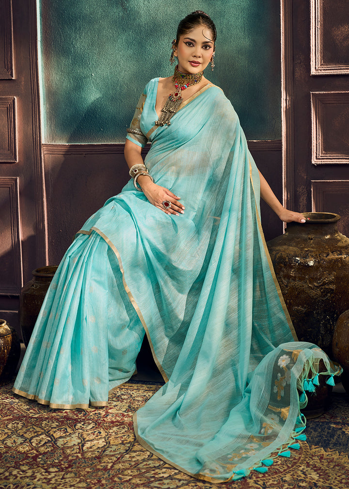 Aqua Blue Munga Cotton Saree with Heritage Handloom Weave