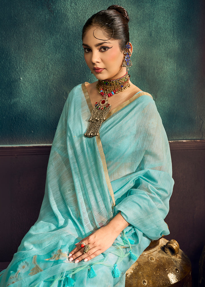 Aqua Blue Munga Cotton Saree with Heritage Handloom Weave