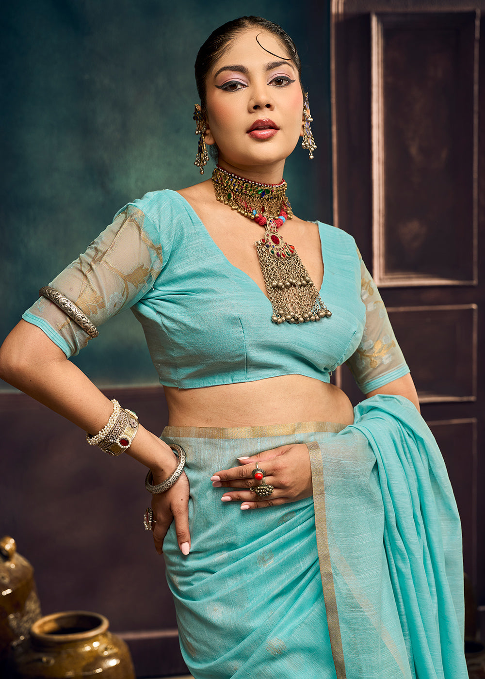 Aqua Blue Munga Cotton Saree with Heritage Handloom Weave