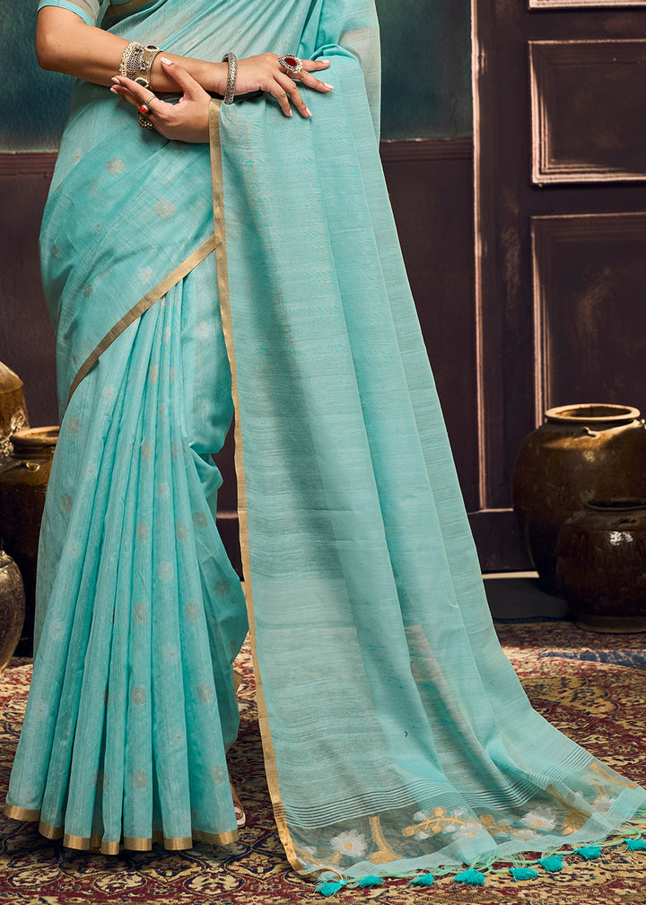 Aqua Blue Munga Cotton Saree with Heritage Handloom Weave