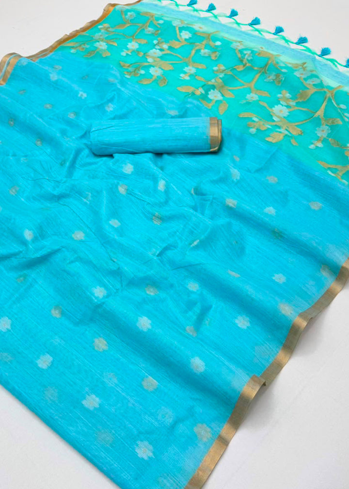 Aqua Blue Munga Cotton Saree with Heritage Handloom Weave