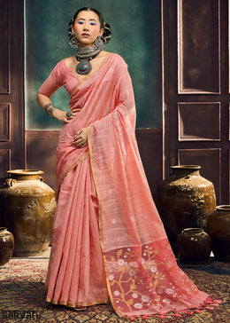 Peach Pink Munga Cotton Saree with Heritage Handloom Weave