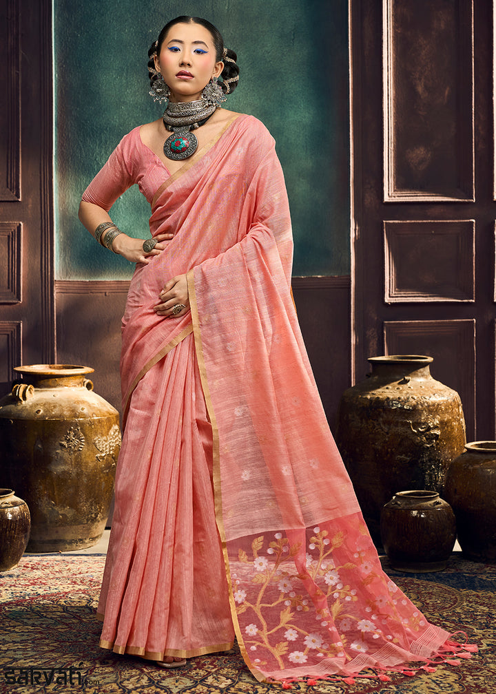 Peach Pink Munga Cotton Saree with Heritage Handloom Weave