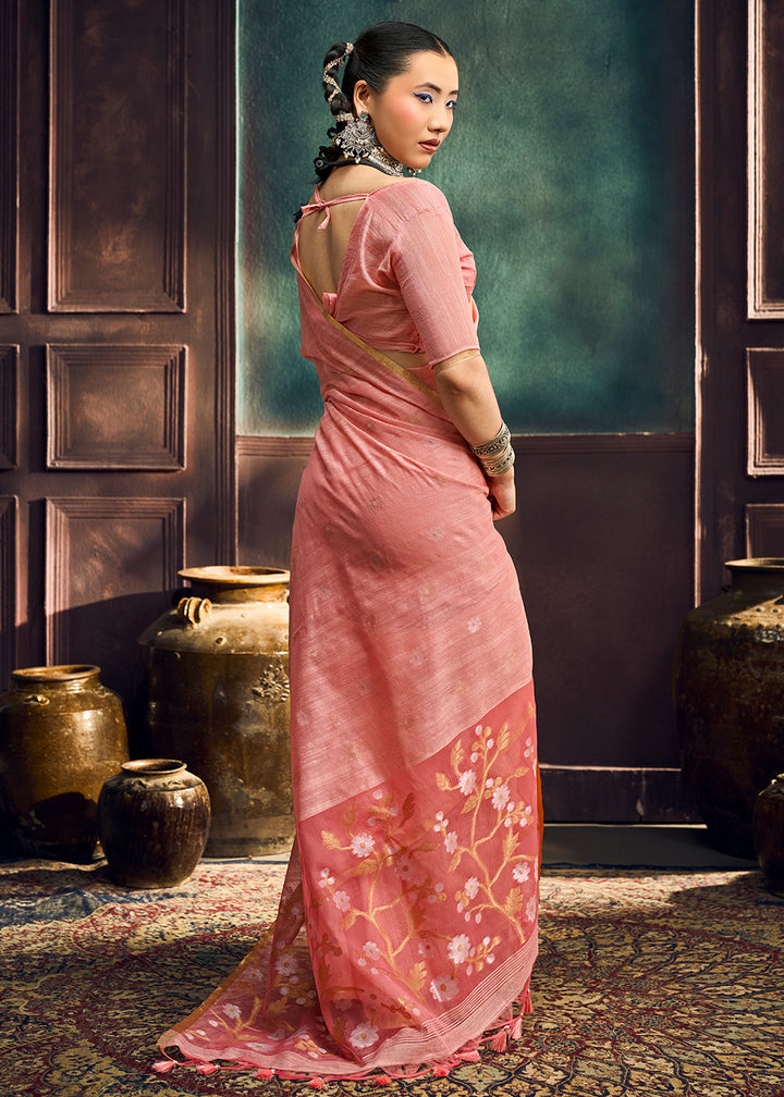 Peach Pink Munga Cotton Saree with Heritage Handloom Weave