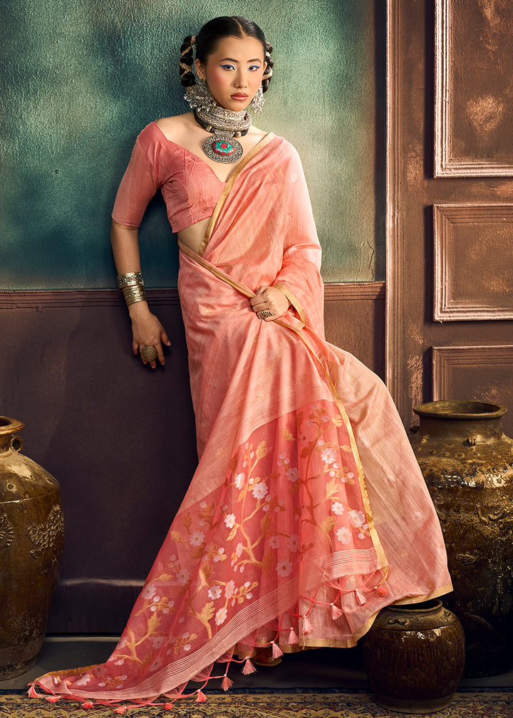 Peach Pink Munga Cotton Saree with Heritage Handloom Weave