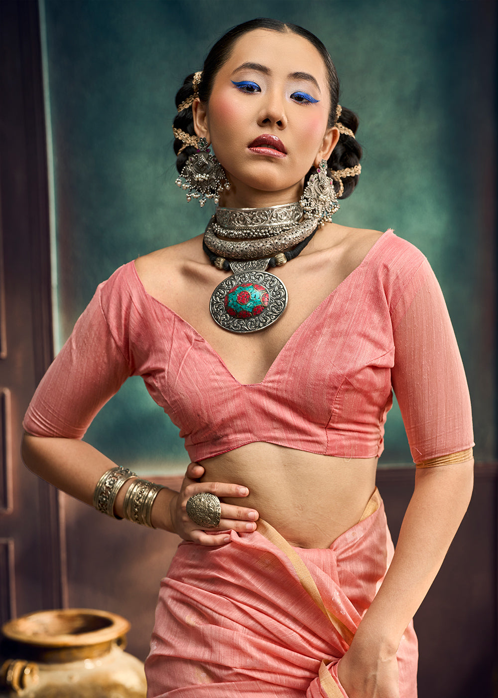 Peach Pink Munga Cotton Saree with Heritage Handloom Weave