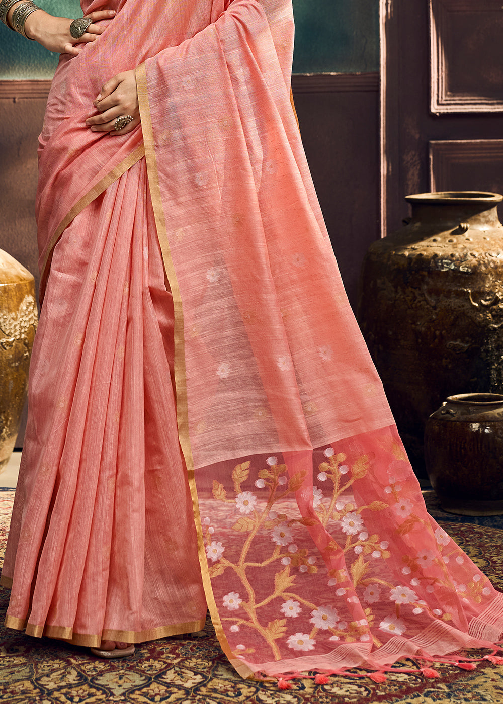 Peach Pink Munga Cotton Saree with Heritage Handloom Weave