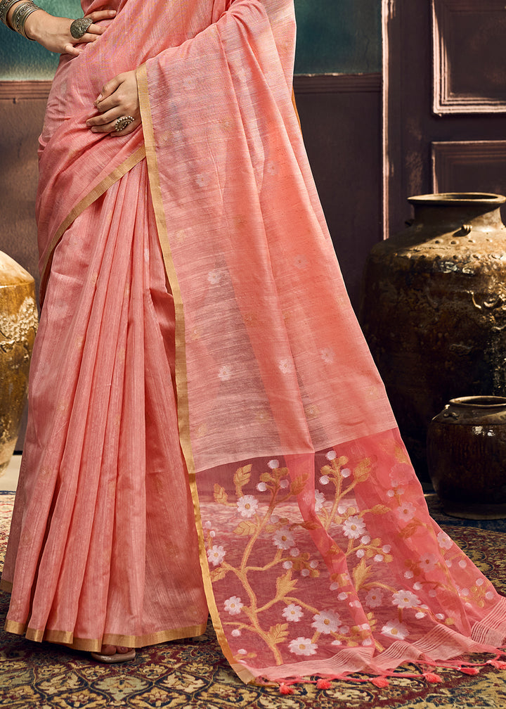 Peach Pink Munga Cotton Saree with Heritage Handloom Weave