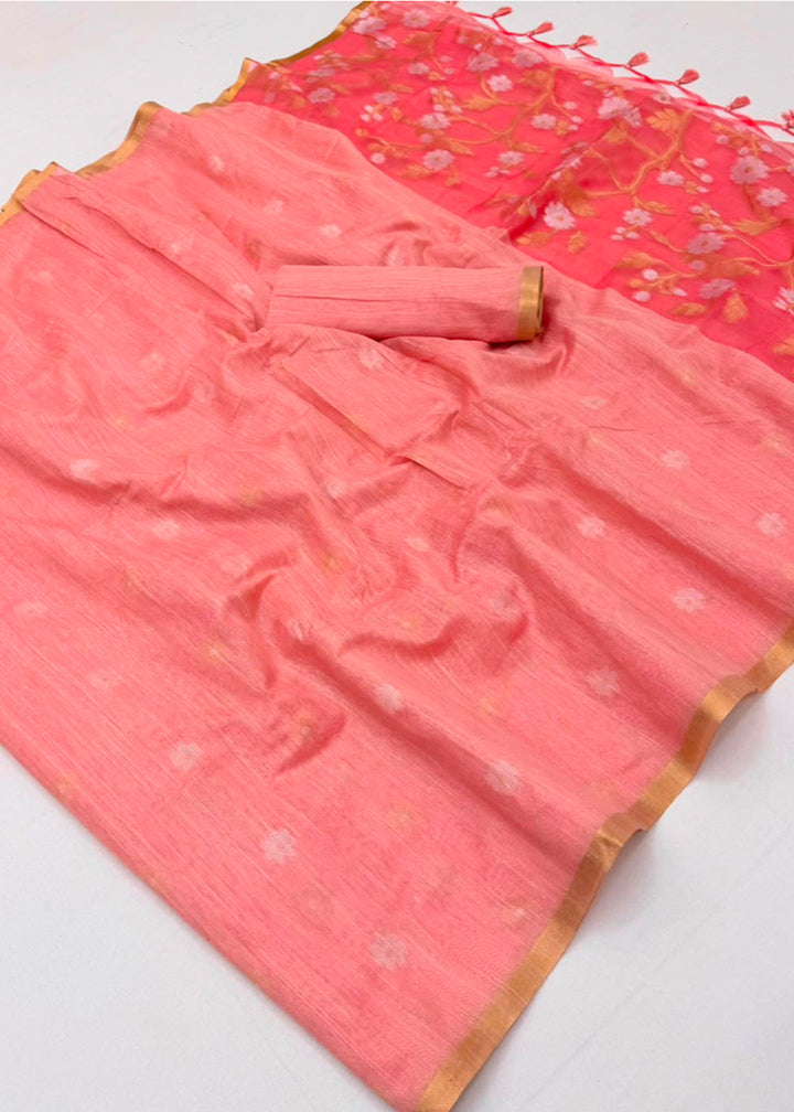 Peach Pink Munga Cotton Saree with Heritage Handloom Weave