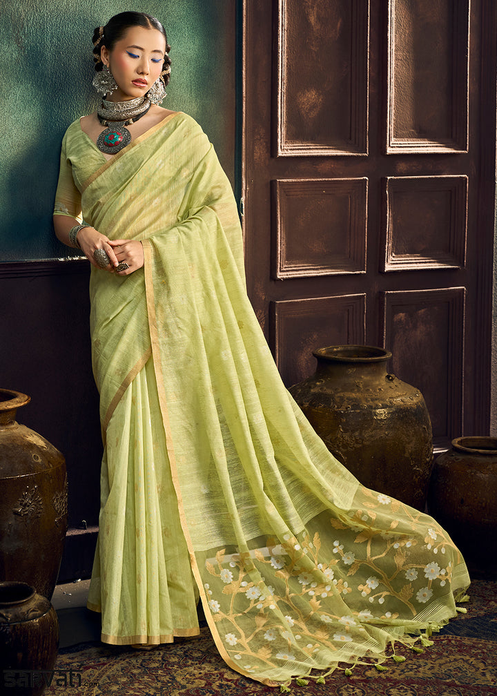 Pastel Green Munga Cotton Saree with Heritage Handloom Weave