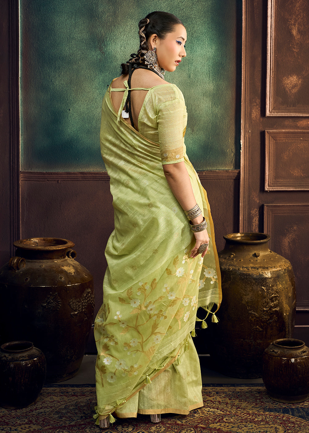 Pastel Green Munga Cotton Saree with Heritage Handloom Weave