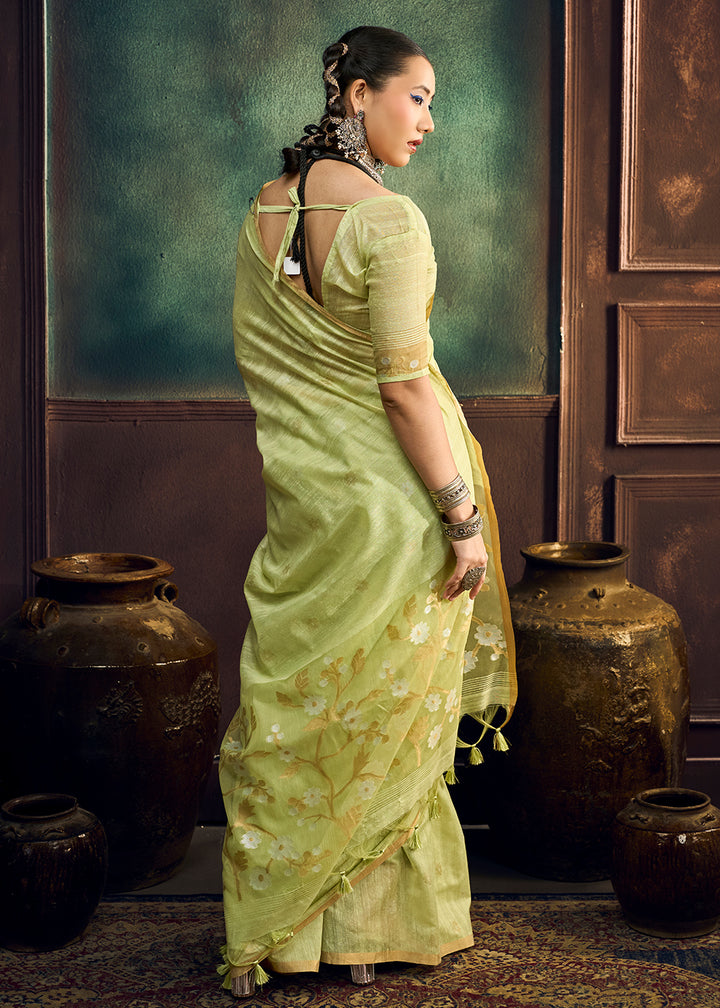 Pastel Green Munga Cotton Saree with Heritage Handloom Weave
