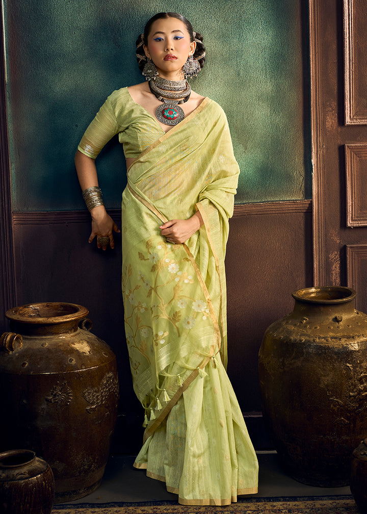 Pastel Green Munga Cotton Saree with Heritage Handloom Weave
