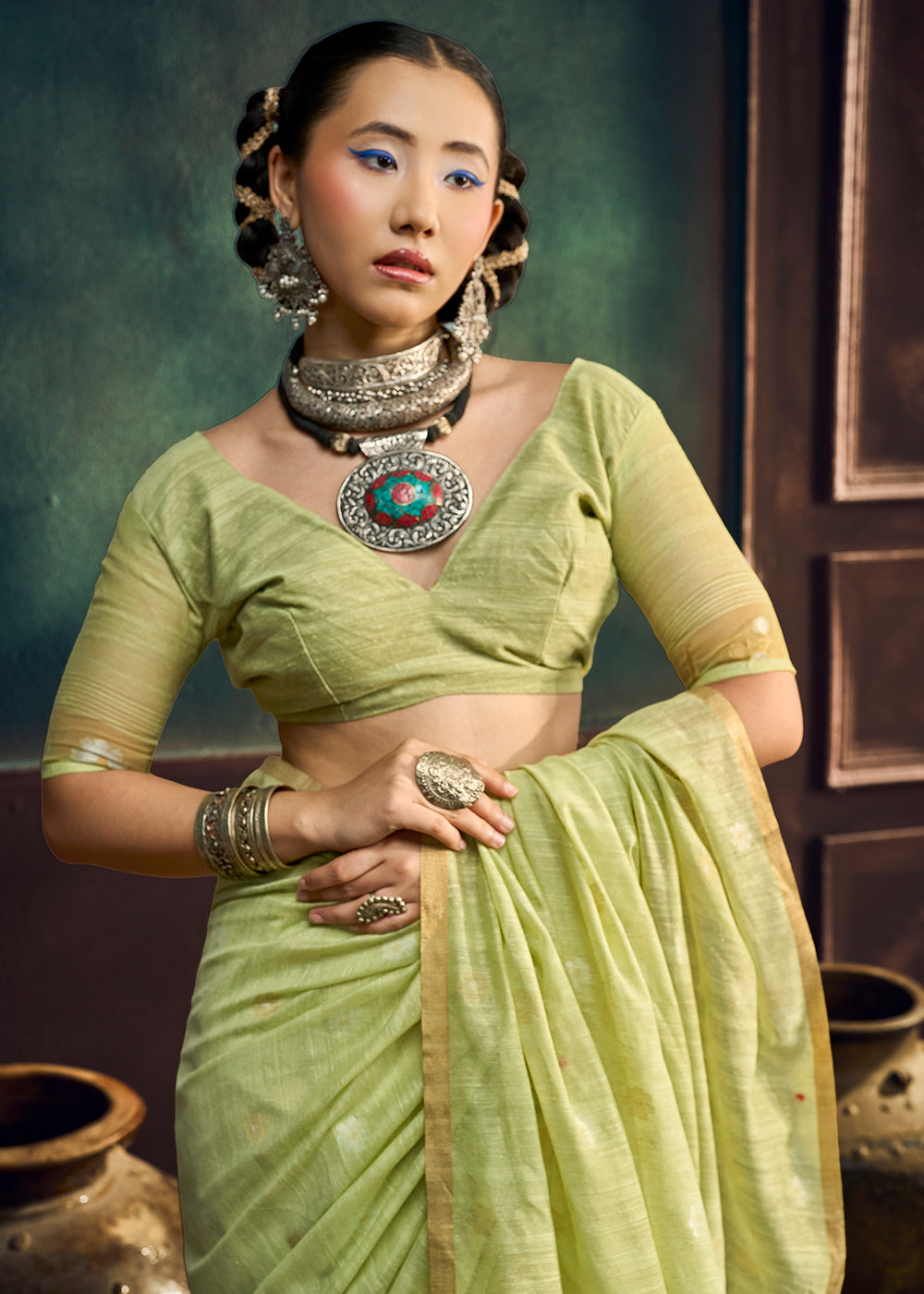 Pastel Green Munga Cotton Saree with Heritage Handloom Weave