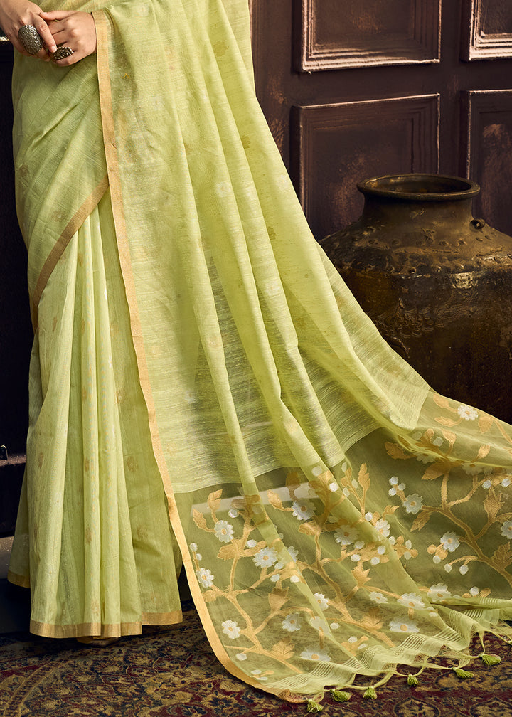 Pastel Green Munga Cotton Saree with Heritage Handloom Weave