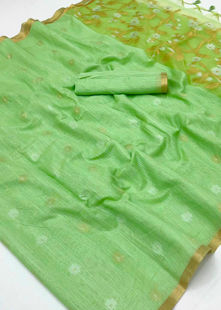 Pastel Green Munga Cotton Saree with Heritage Handloom Weave