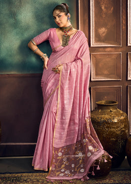 Pastel Pink Munga Cotton Saree with Heritage Handloom Weave