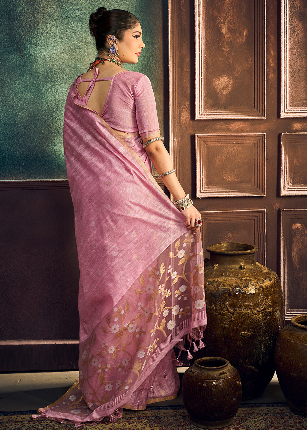Pastel Pink Munga Cotton Saree with Heritage Handloom Weave