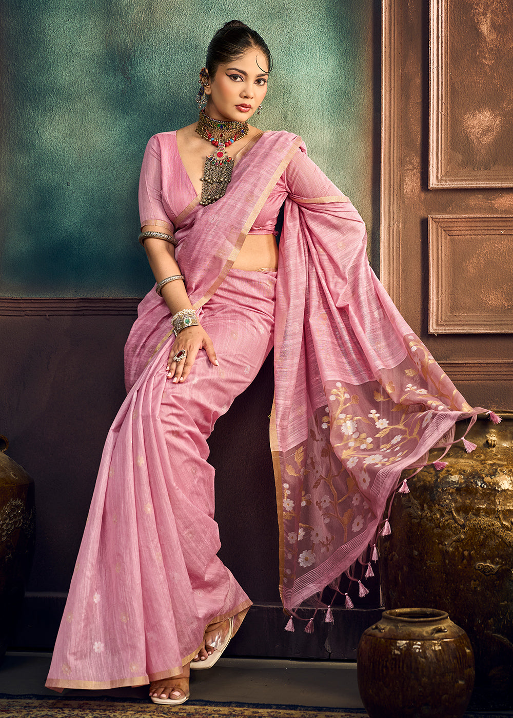 Pastel Pink Munga Cotton Saree with Heritage Handloom Weave