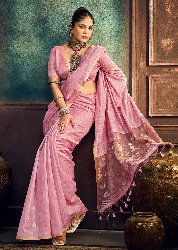 Pastel Pink Munga Cotton Saree with Heritage Handloom Weave