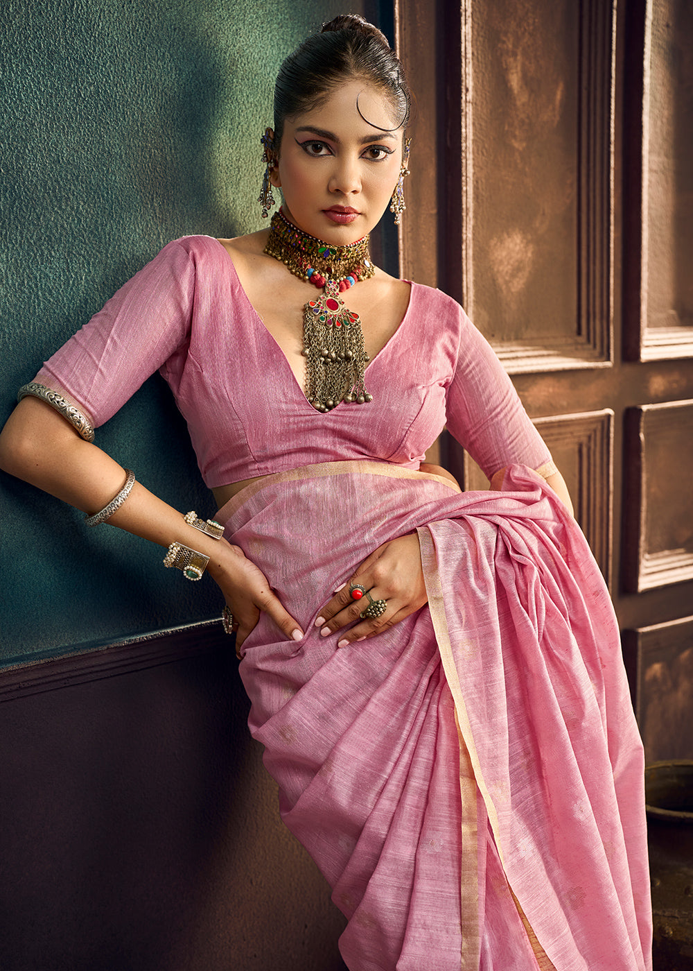 Pastel Pink Munga Cotton Saree with Heritage Handloom Weave