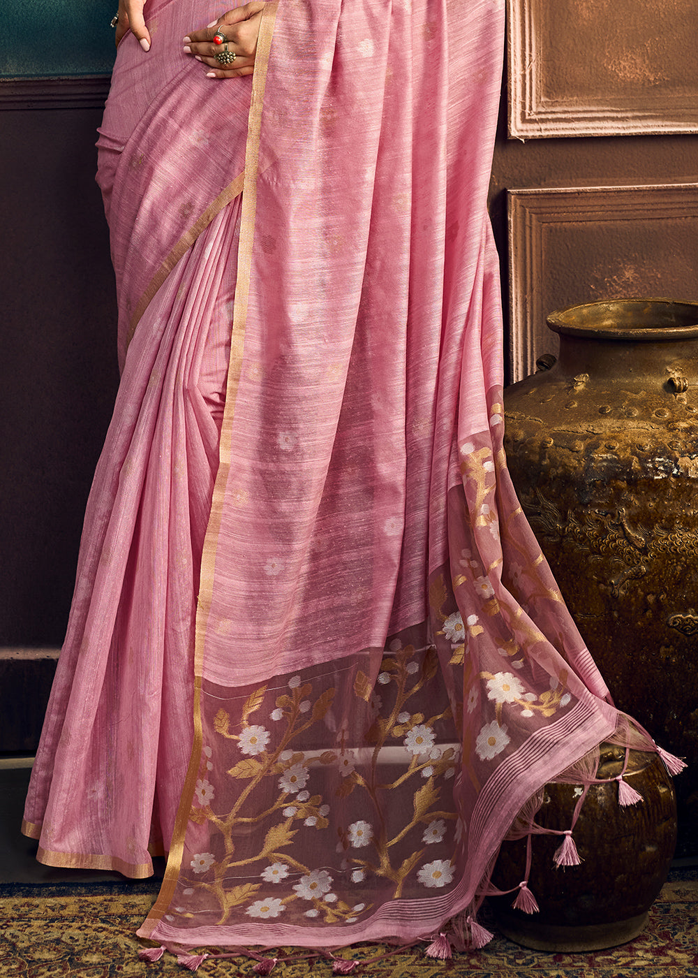 Pastel Pink Munga Cotton Saree with Heritage Handloom Weave