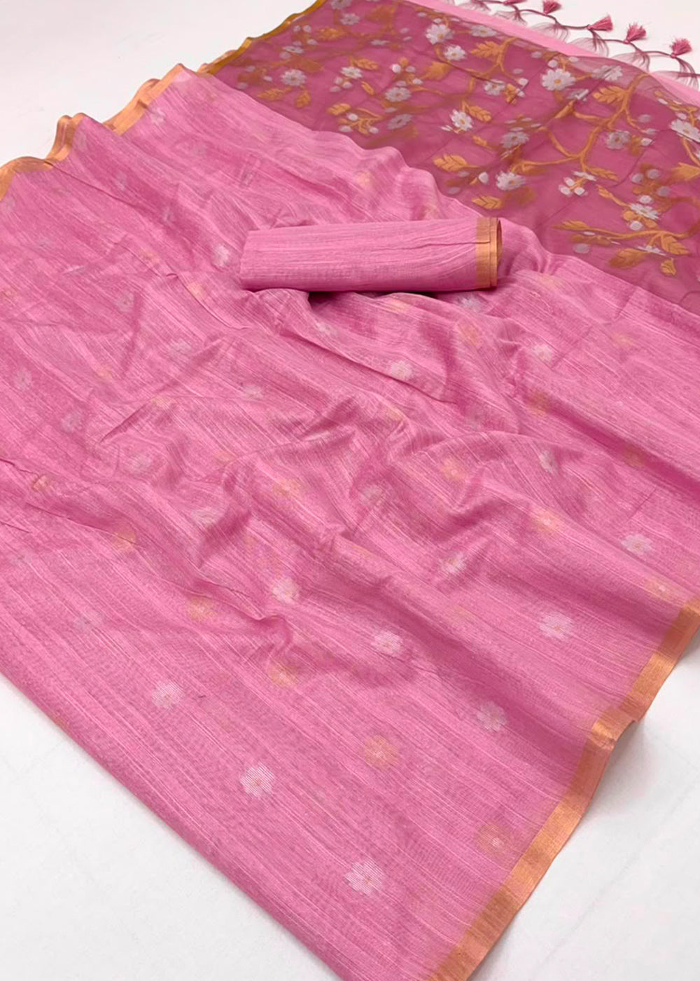 Pastel Pink Munga Cotton Saree with Heritage Handloom Weave