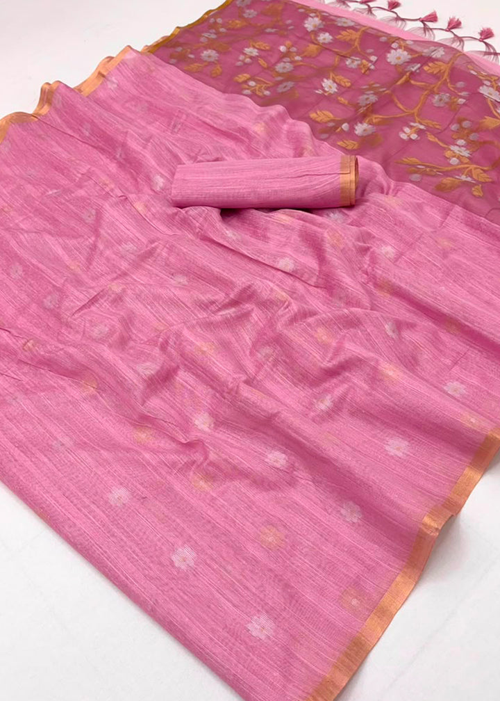 Pastel Pink Munga Cotton Saree with Heritage Handloom Weave