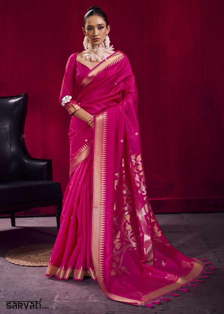 Magenta Pink Handloom Woven Satin Silk Saree with Rich Traditional Weave