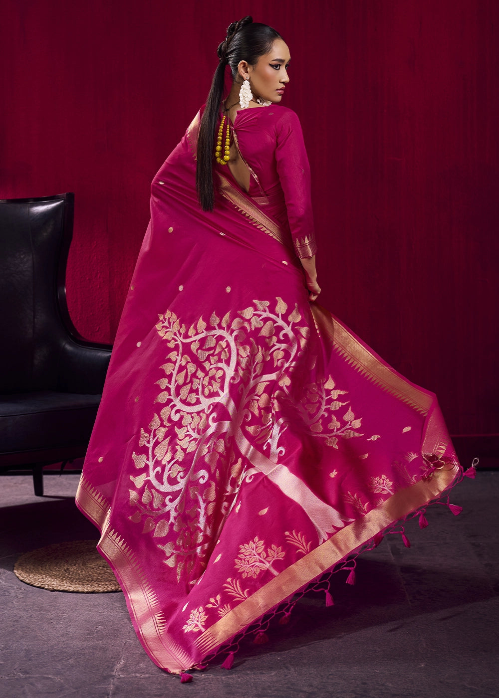 Magenta Pink Handloom Woven Satin Silk Saree with Rich Traditional Weave