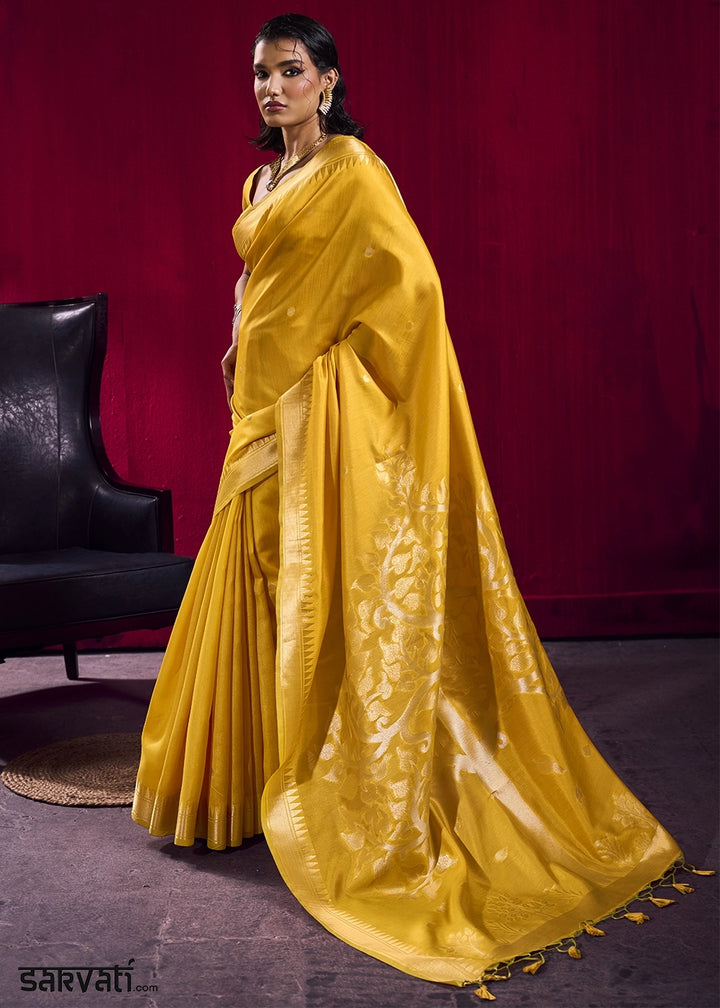 Mustard Yellow Handloom Woven Satin Silk Saree with Rich Traditional Weave